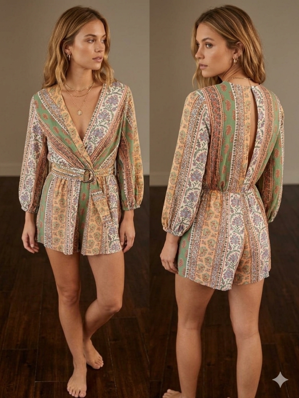 Zara Floral Paisley Print Romper in Sage Green & Peach